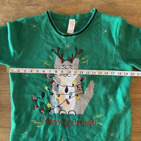 Holiday Time Cat Light Up Ugly Merry Christmas Party Sweater-Size L-Green-Works - Picture 13 of 17